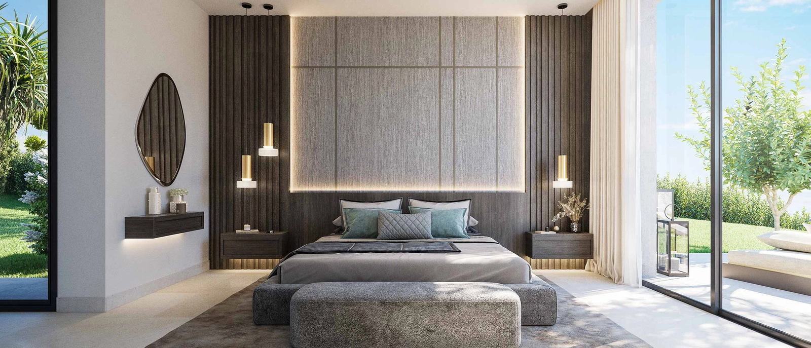 Elegante hovedsoverom designet som et privat fristed, med direkte tilgang til hagen.