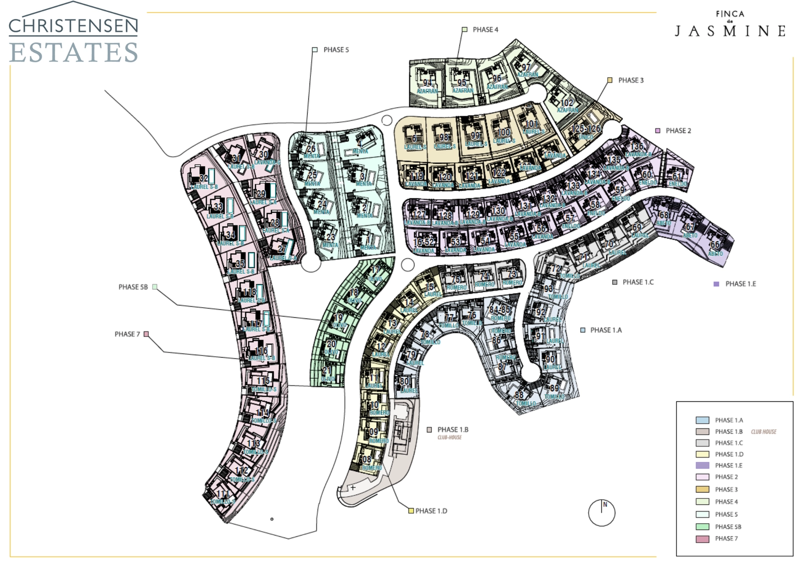 En hovedplan for Finca de Jasmine-fellesskapet, som viser den gjennomtenkte utformingen av villaene og grøntområdene.