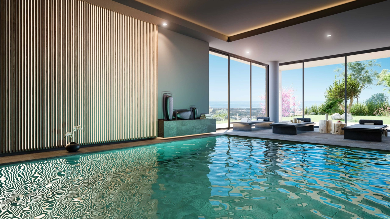 Det innendørs spabassenget, et rolig sted hvor beboerne kan slappe av og forynge seg året rundt.