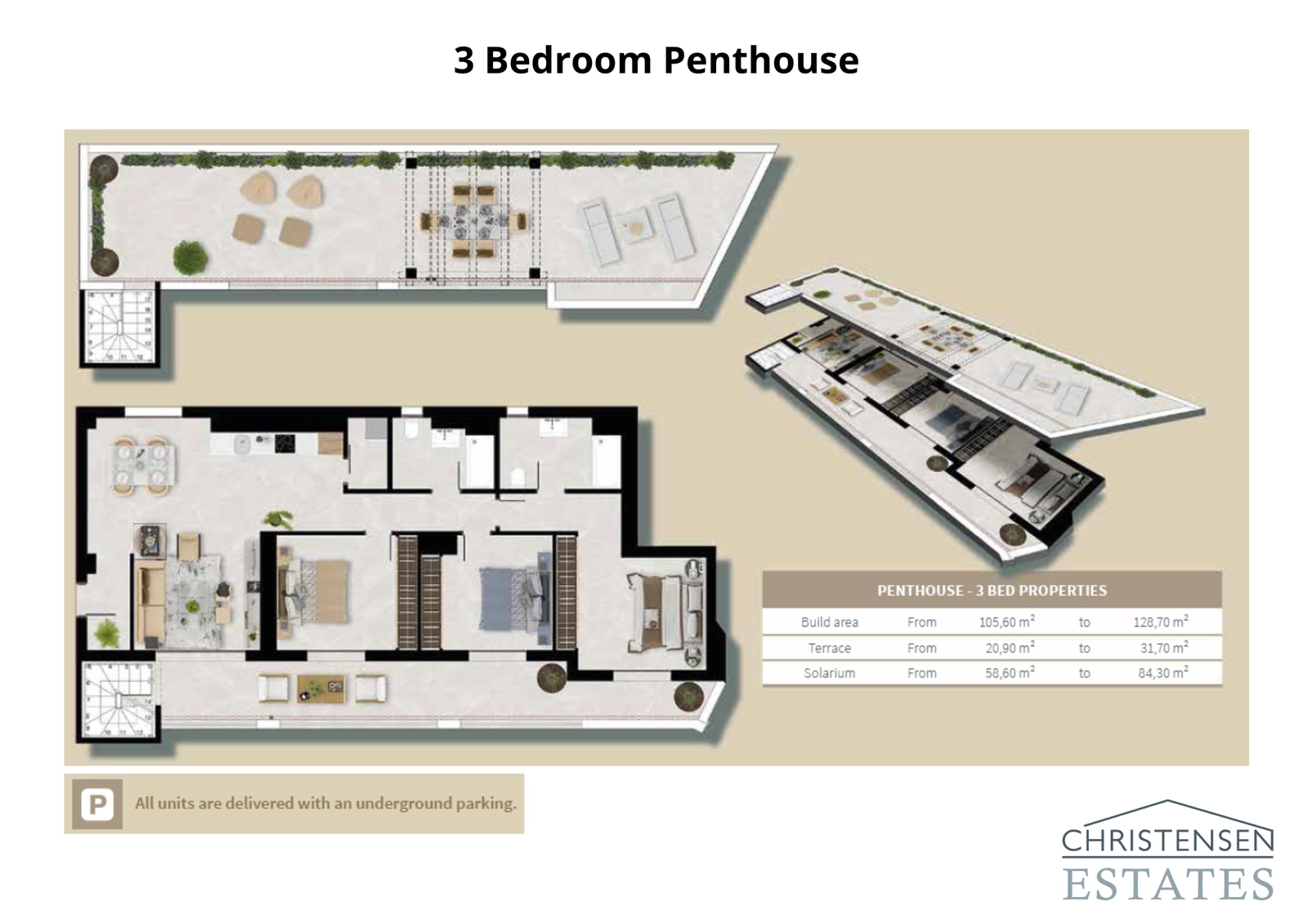 Den eksklusive tre-roms toppleiligheten inkluderer en romslig takterrasse/solarium, perfekt for privat avslapning og underholdning.