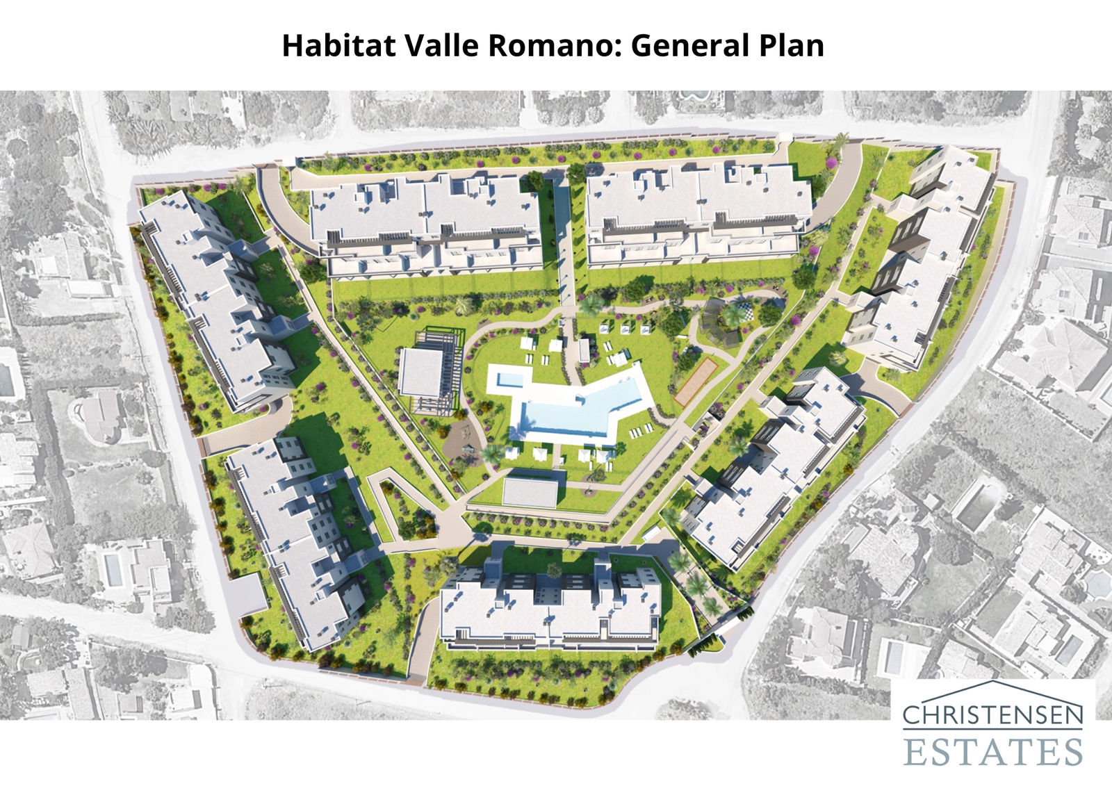 En oversikt over utbyggingen, som viser den gjennomtenkte planløsningen av bygninger, bassenger og omfattende grøntområder designet for fellesskap.