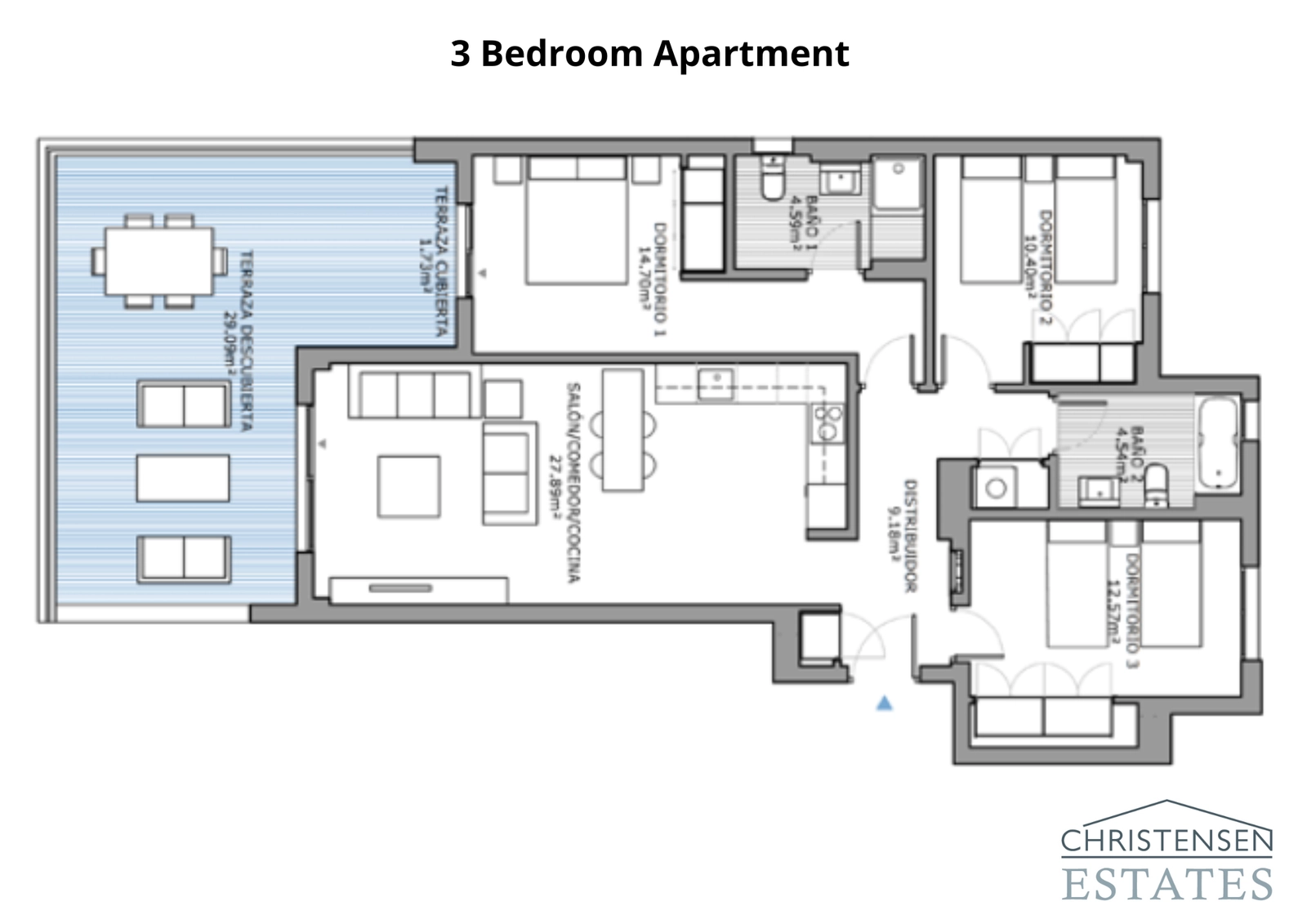 En romslig tre-roms bolig designet for komfort, med en stor terrasse som tilbyr fantastisk utsikt og rikelig med plass for avslapning.