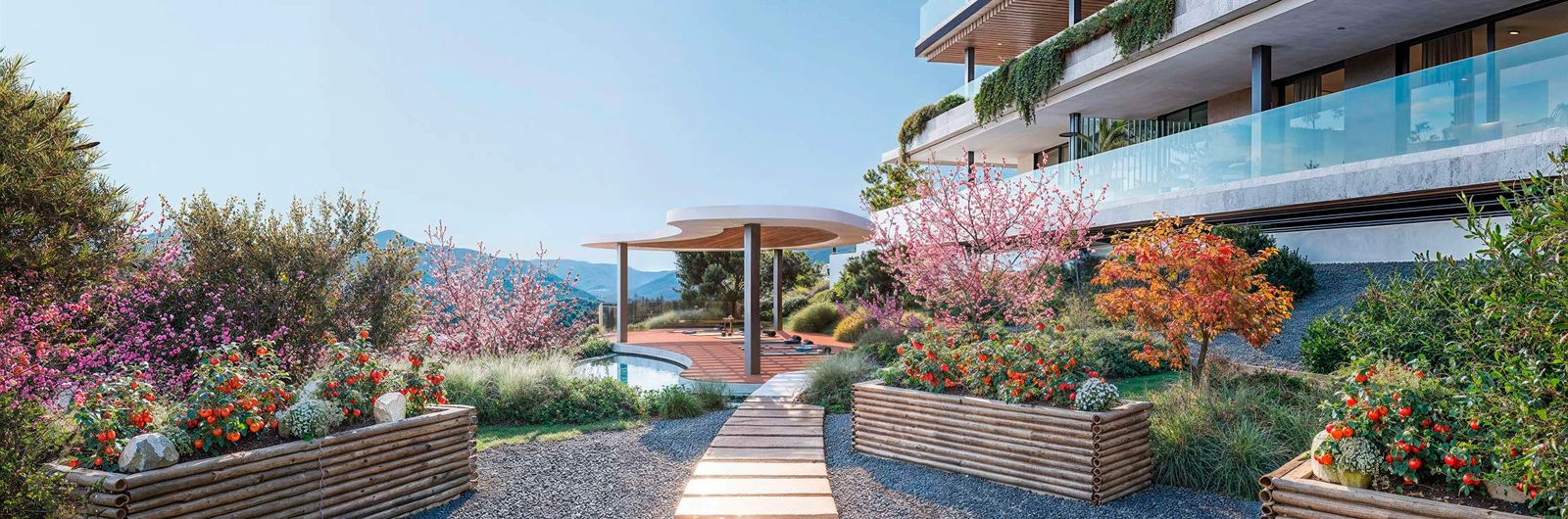 Vakkert anlagte middelhavshager skaper et fredelig miljø for beboere å nyte.