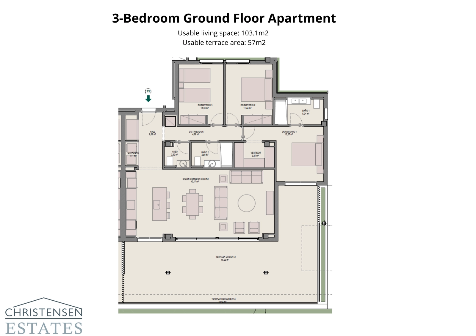 Plantegning for en leilighet i første etasje med tre soverom, som fremhever de romslige interiørene og direkte tilgang til et privat hageområde.