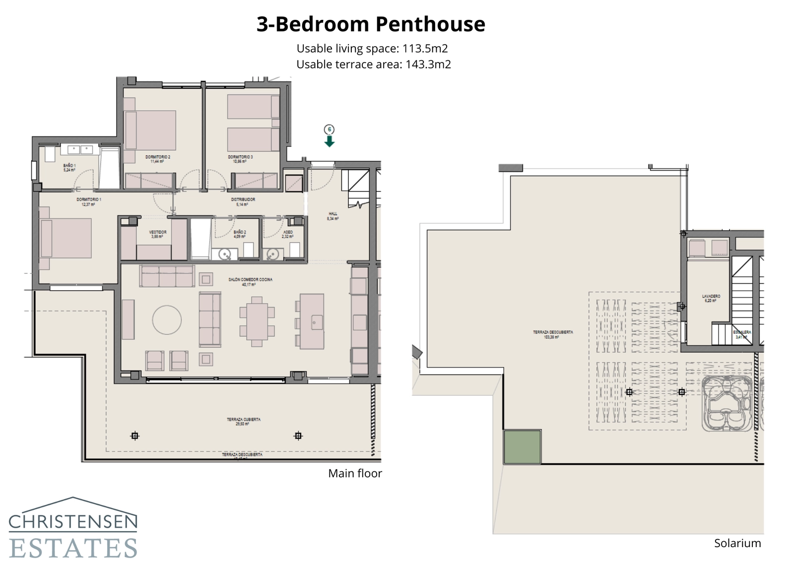 Toppleiligheten med tre soverom tilbyr generøse oppholdsrom og et storslått solarium for den ultimate luksuriøse livsstilen.