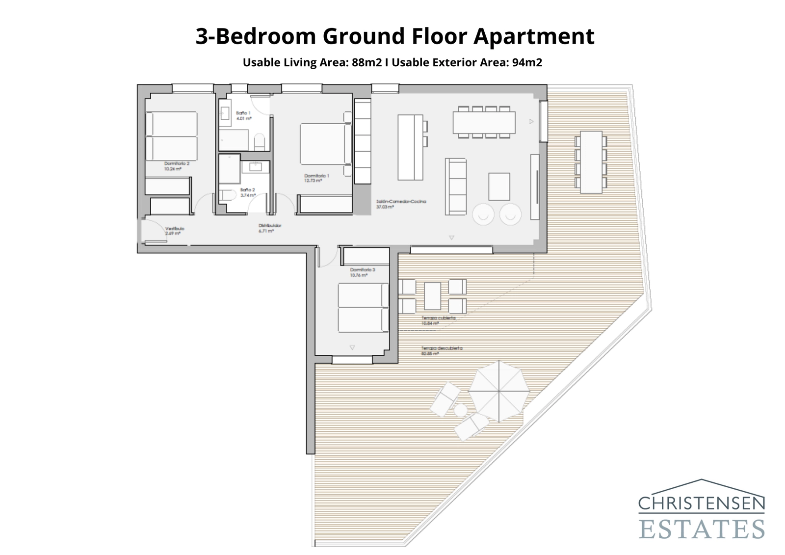Denne treromsleiligheten i første etasje forbinder romslige interiører med en sjenerøs terrasse og privat hage, perfekt for utendørs liv.