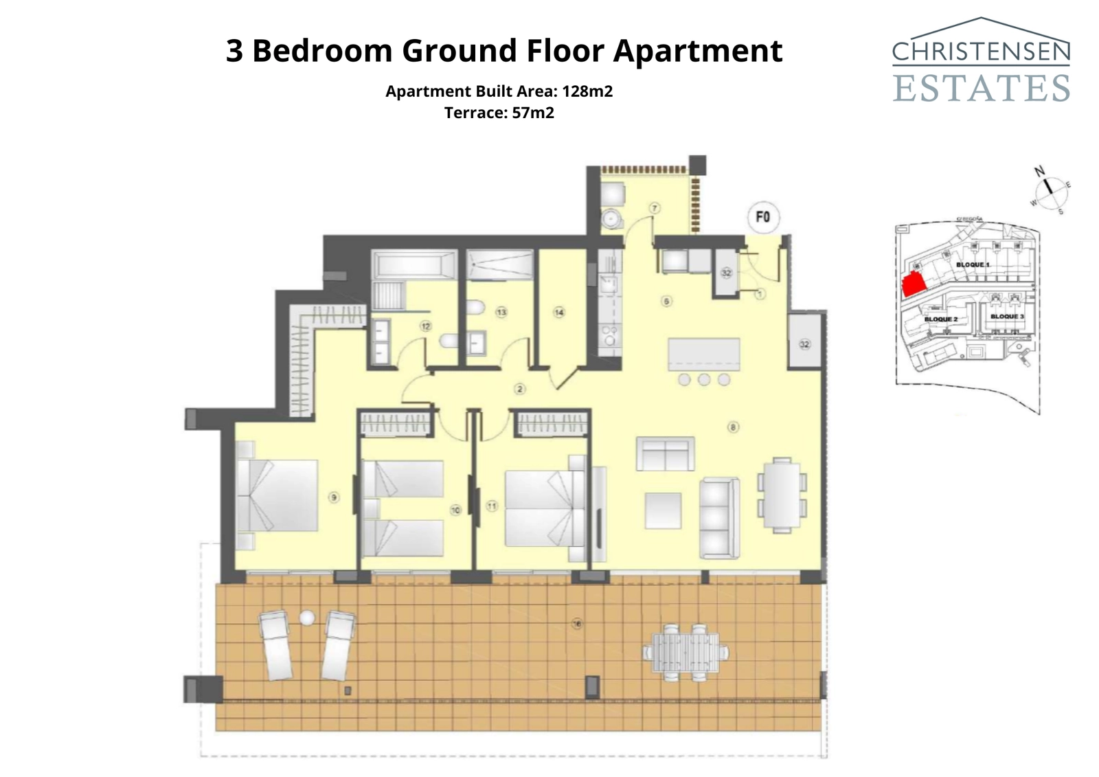 Plantegningen for en tre-roms leilighet i første etasje, som viser romslige interiører som kobles til en stor terrasse og privat hage, perfekt for utendørsliv.