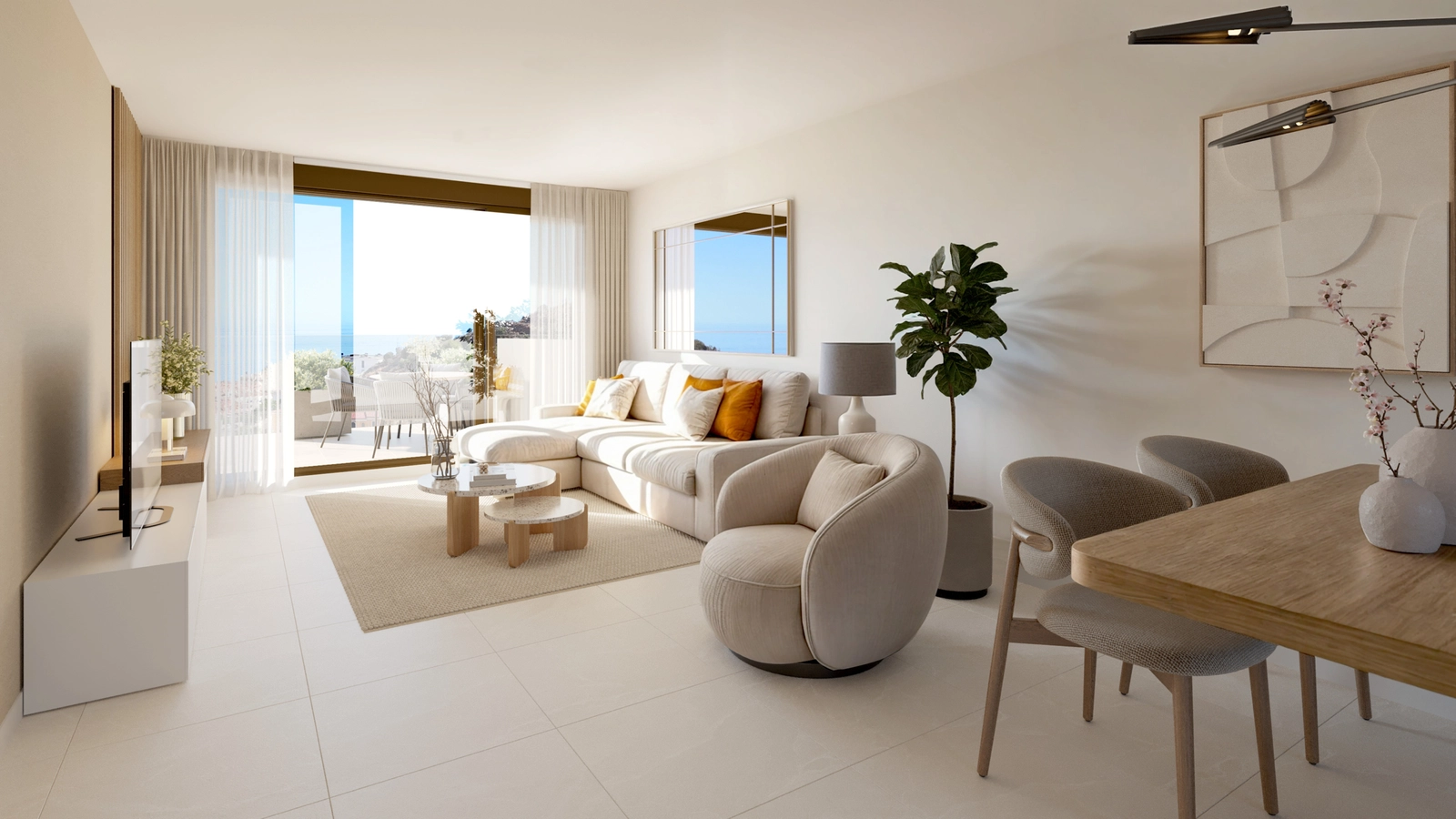 Den lyse og romslige stuen kobles sømløst til utendørsterrassen, noe som skaper en perfekt flyt mellom inne- og uteområdet.