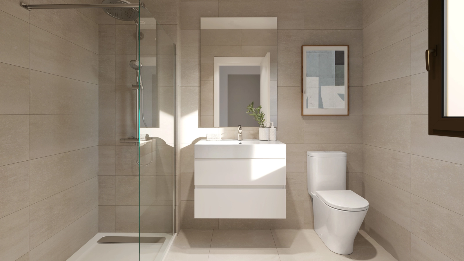 Et moderne bad med høykvalitets finish, en walk-in dusj og et rent, minimalistisk design.