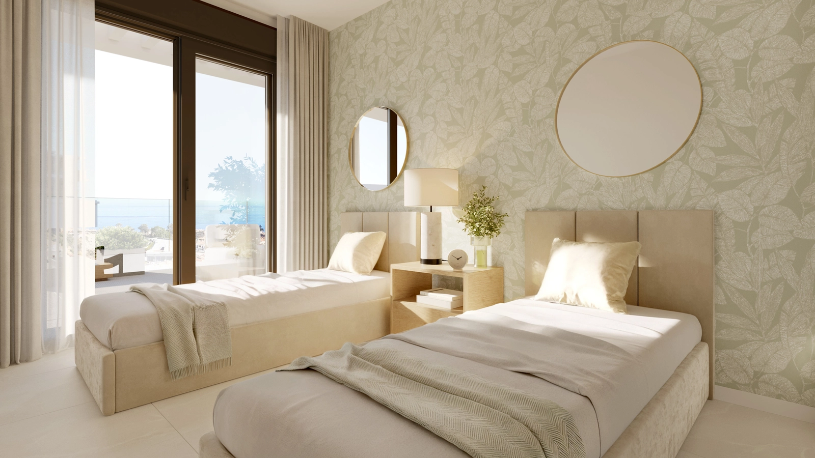 Et vakkert innredet sekundært soverom med rikelig naturlig lys og direkte tilgang til uteområdet.