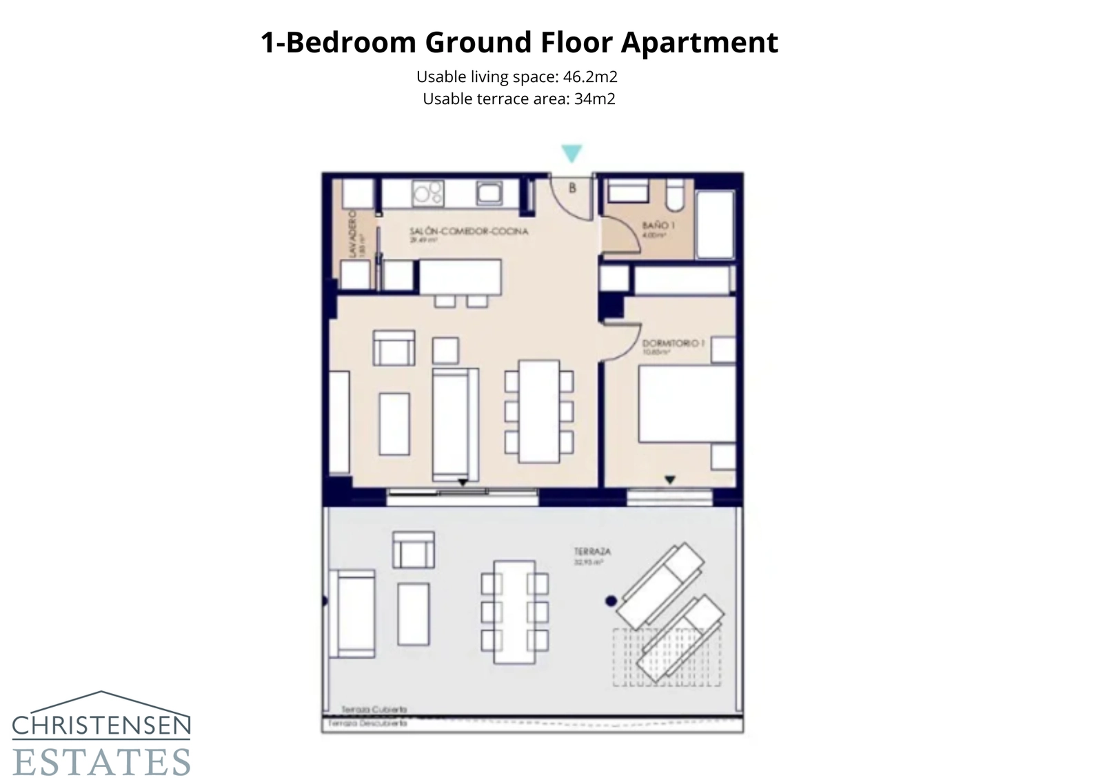 Plantegning for en ettroms leilighet i første etasje, med en sjenerøs terrasse som utvider oppholdsrommet utendørs.