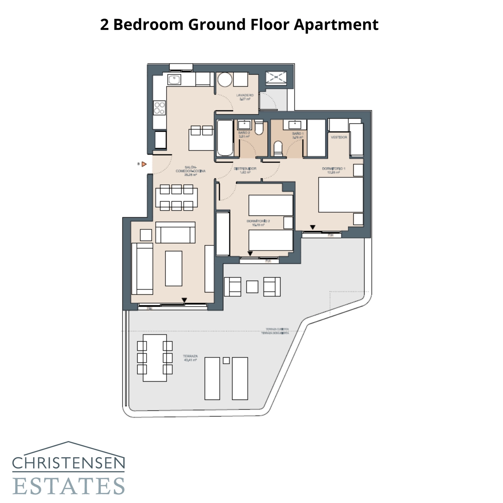 Planløsning for en to-roms bolig i første etasje, designet for moderne liv med enkel tilgang til en privat terrasse.