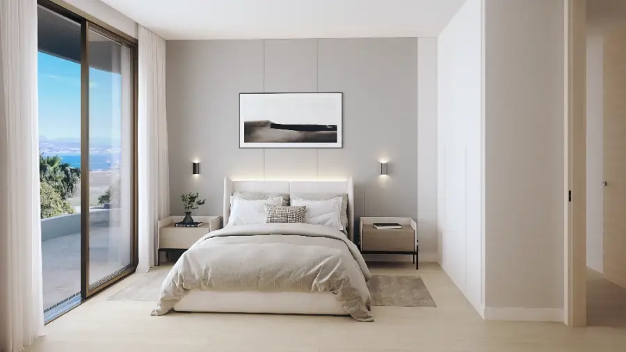 Et annet velutstyrt soverom som tilbyr komfort, stil og vakker utsikt.