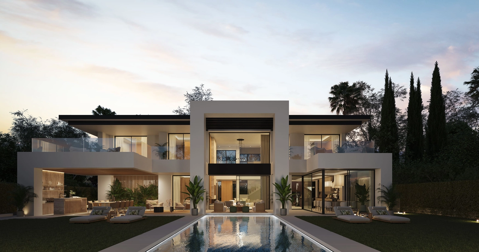 Når kvelden faller på, skaper villaens elegante belysning en varm og innbydende atmosfære rundt det private svømmebassenget og hagen.