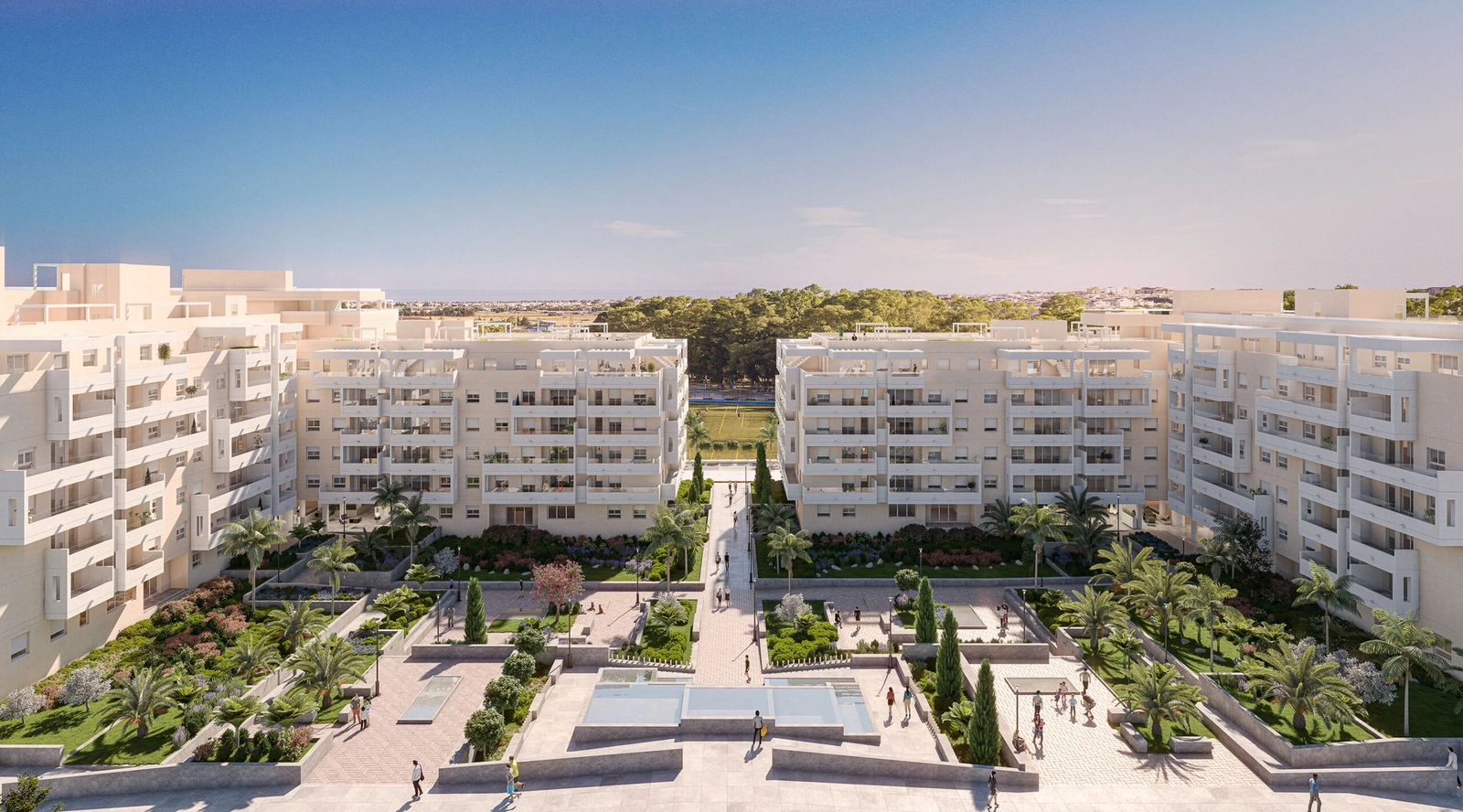 Et fugleperspektiv viser frem utbyggingens vakre utforming, innrammet av frodig grønt på Costa del Sol.