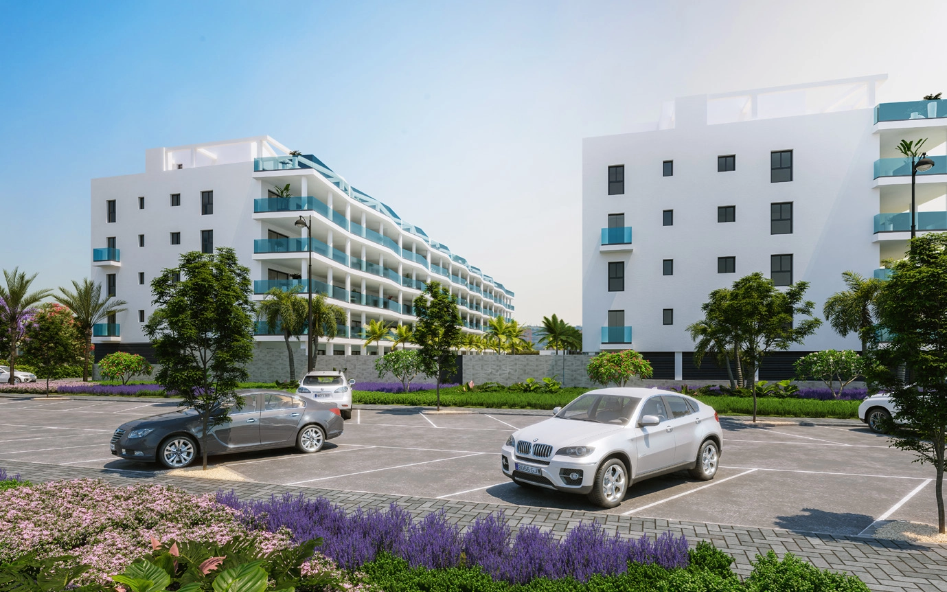 Den moderne arkitekturen til Jardines de las Lagunas, designet for moderne livsstil på Costa del Sol.