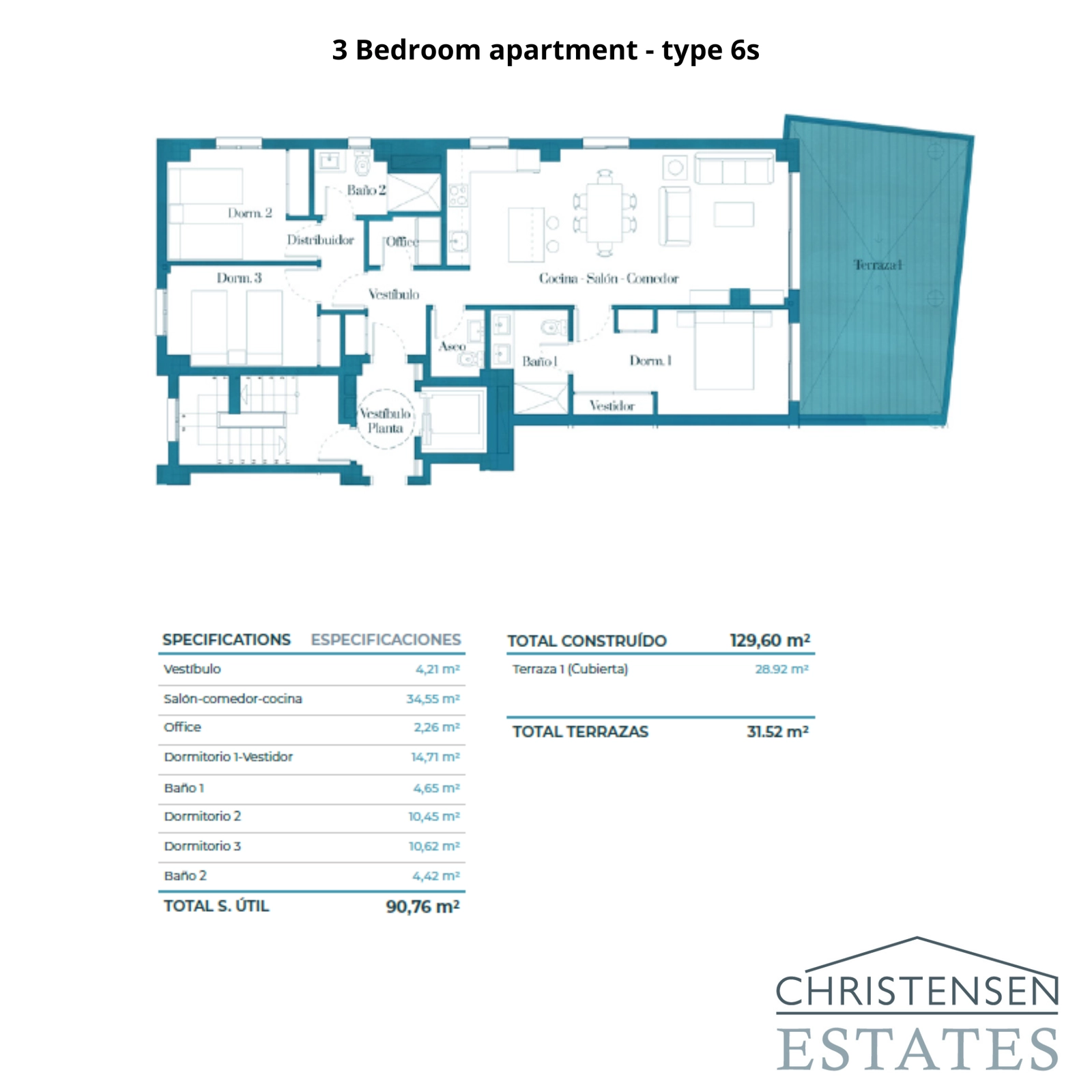 Planløsning for en romslig leilighet med 3 soverom, med et integrert oppholdsrom og en sjenerøs privat terrasse.