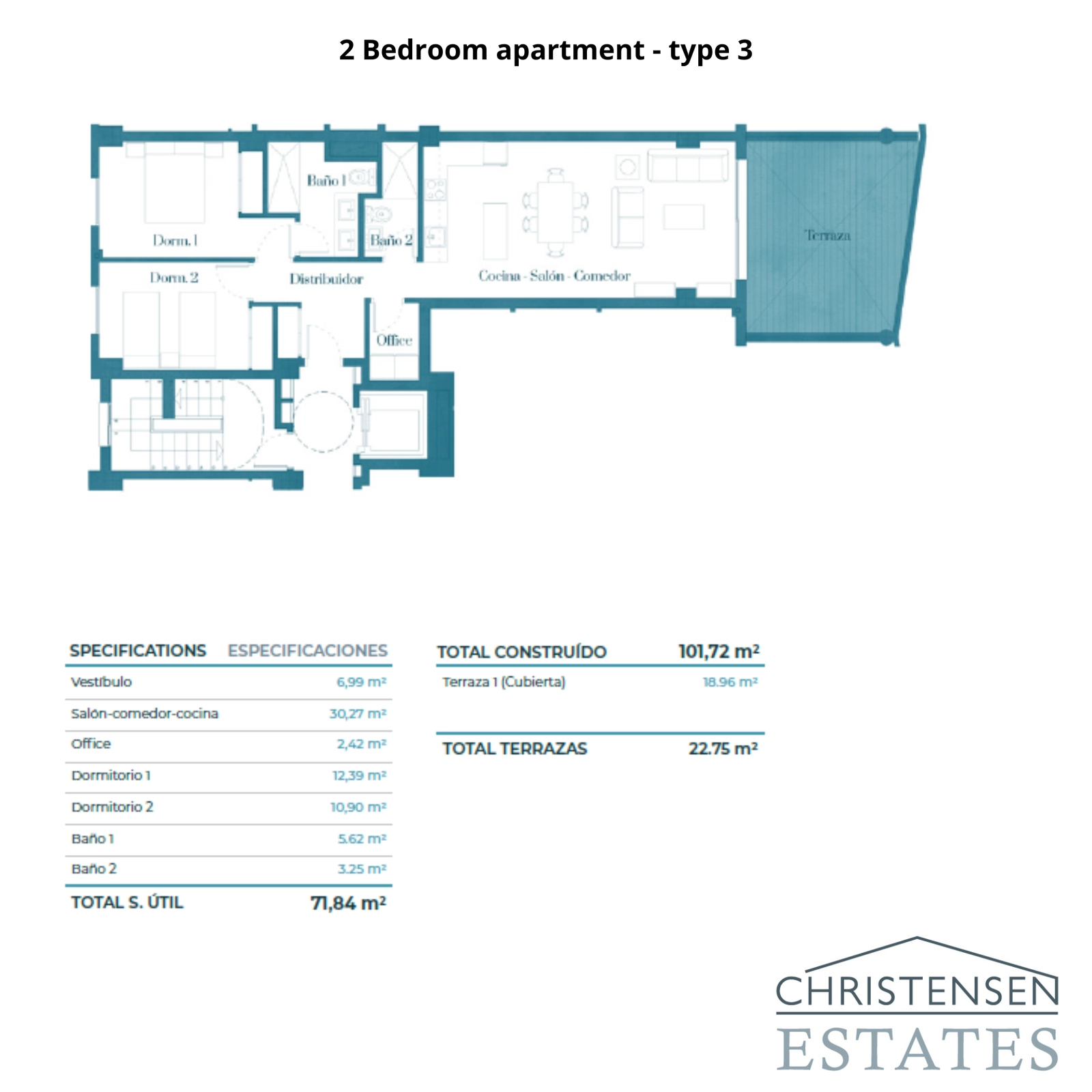 Plantegning av en bolig med 2 soverom som viser en smart planløsning som maksimerer plass og naturlig lys.