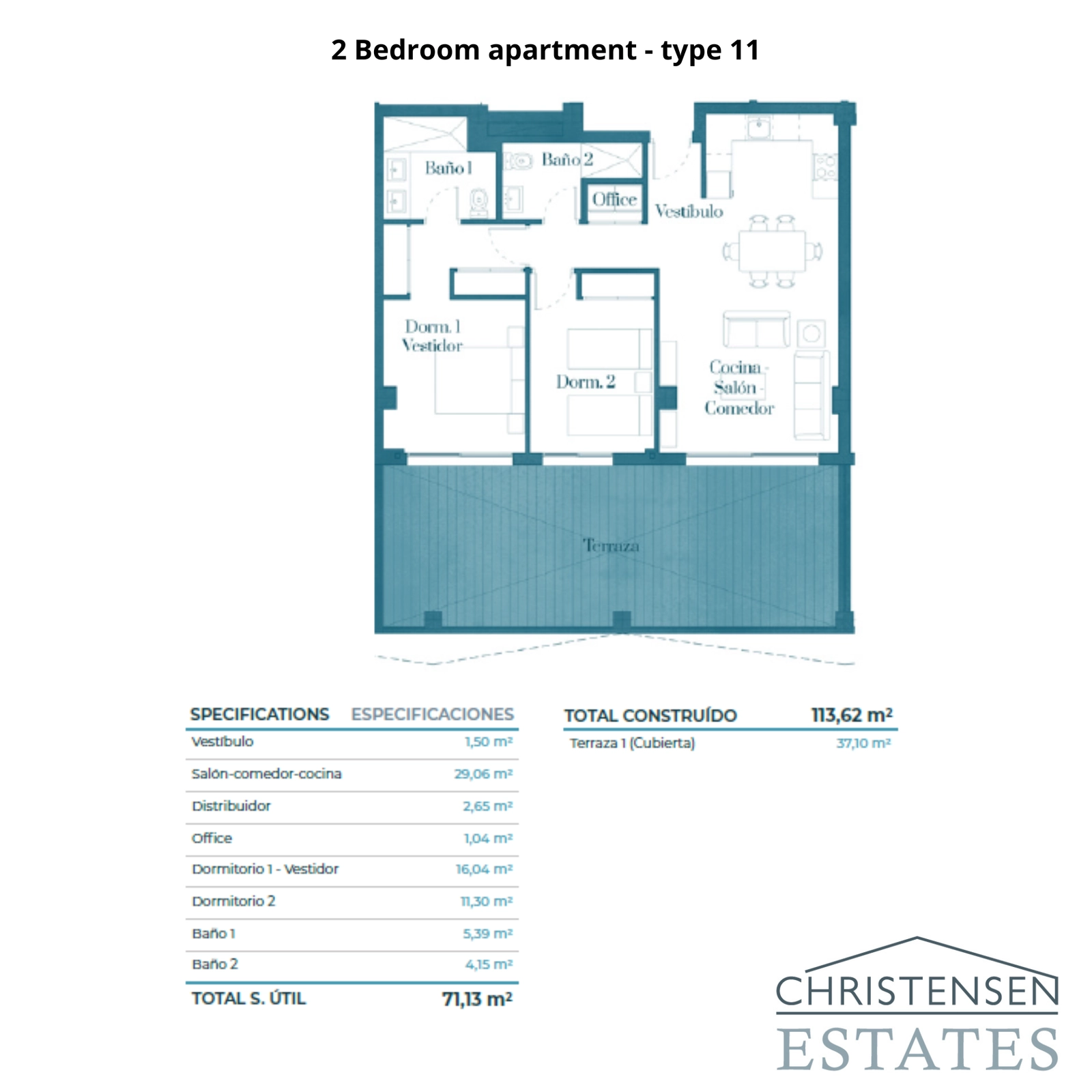 Denne leilighetsplanløsningen med 2 soverom tilbyr et praktisk design med en stor terrasse, perfekt for å nyte utsikten.