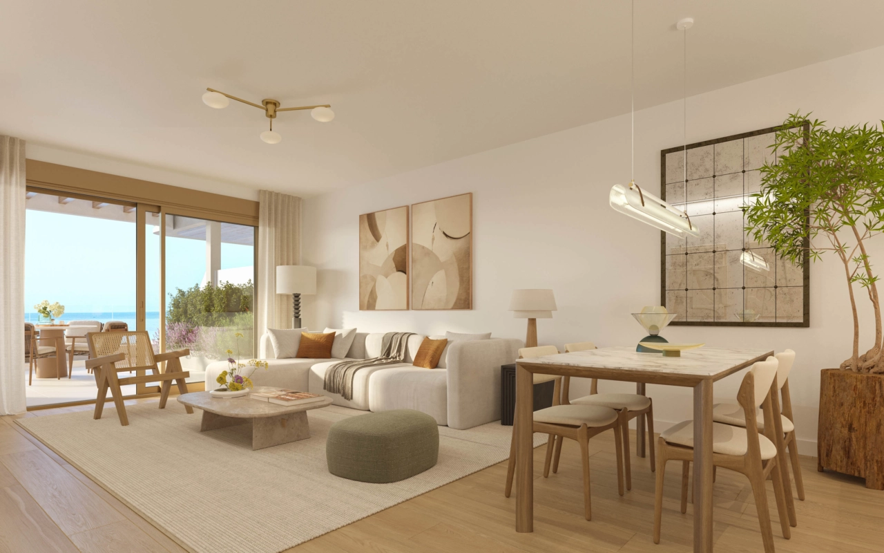 Elegant interiør flommer over av naturlig lys fra store vinduer.