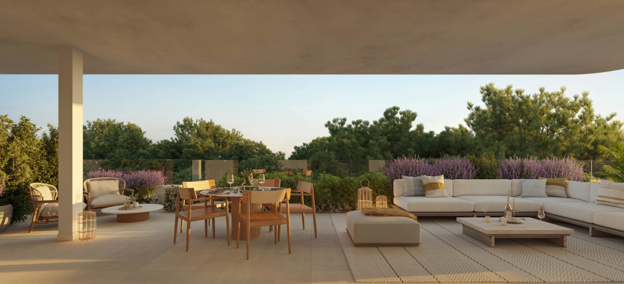 Leiligheter i første etasje har sjenerøse terrasser med direkte tilgang til frodige hager.