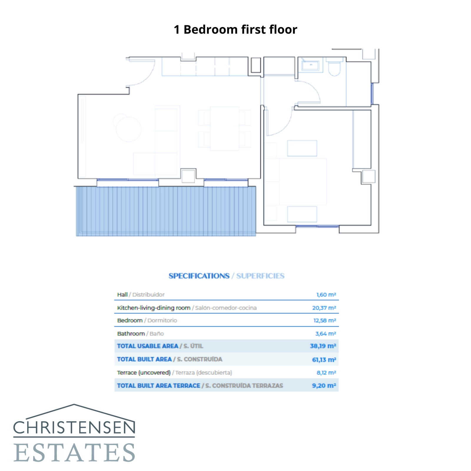 En gjennomtenkt ettromsplanløsning for leilighetene i andre etasje, som balanserer komfortabelt interiør med en hyggelig privat terrasse.