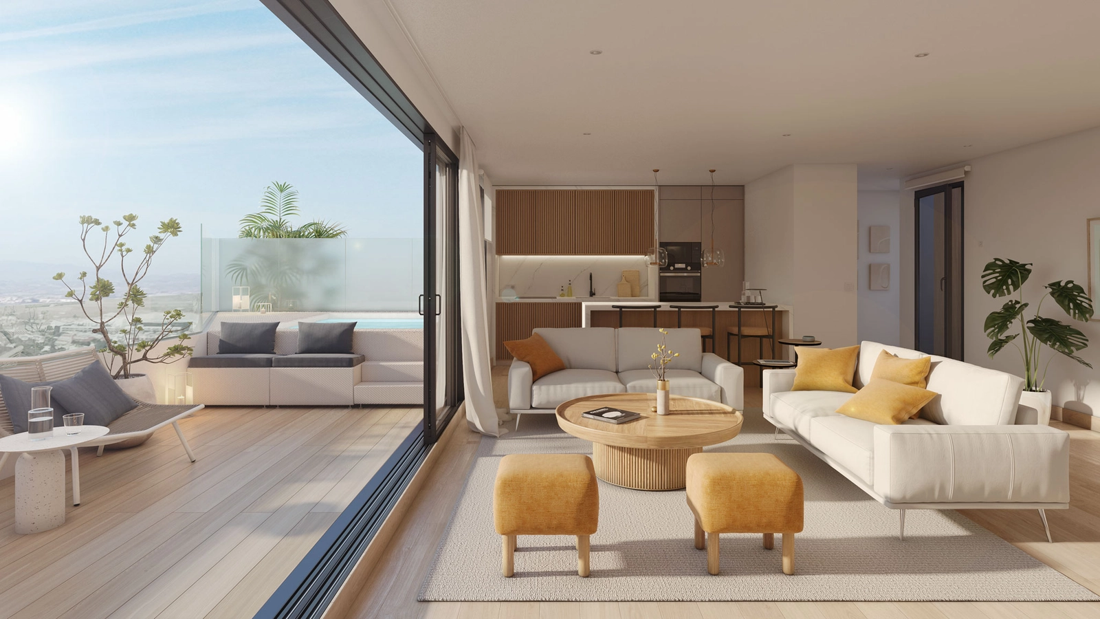 En lys og romslig stue i en toppleilighet, med sømløs overgang til en solrik terrasse.