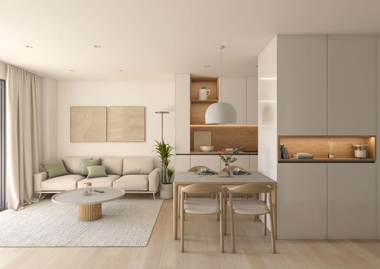 Den åpne stue- og spisestuen, innredet med moderne møbler og naturlig lys.