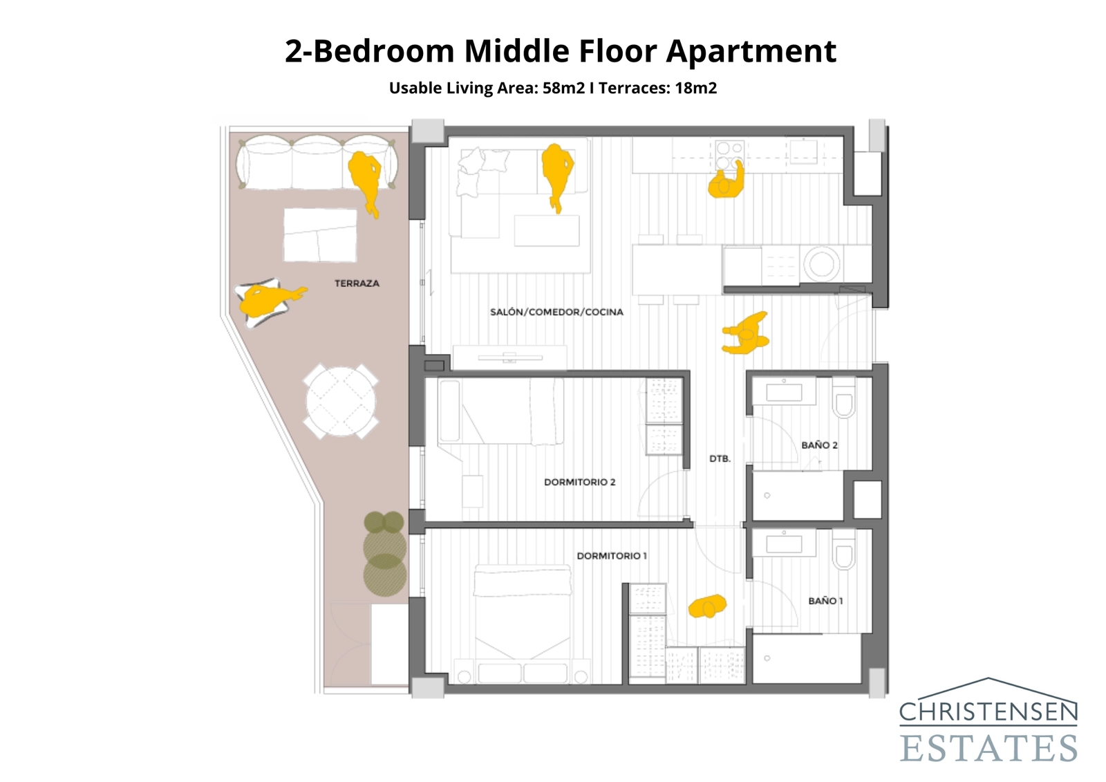 Planløsningen for denne boligen med to soverom er designet for komfort, med et veldefinert oppholdsrom og en privat terrasse.