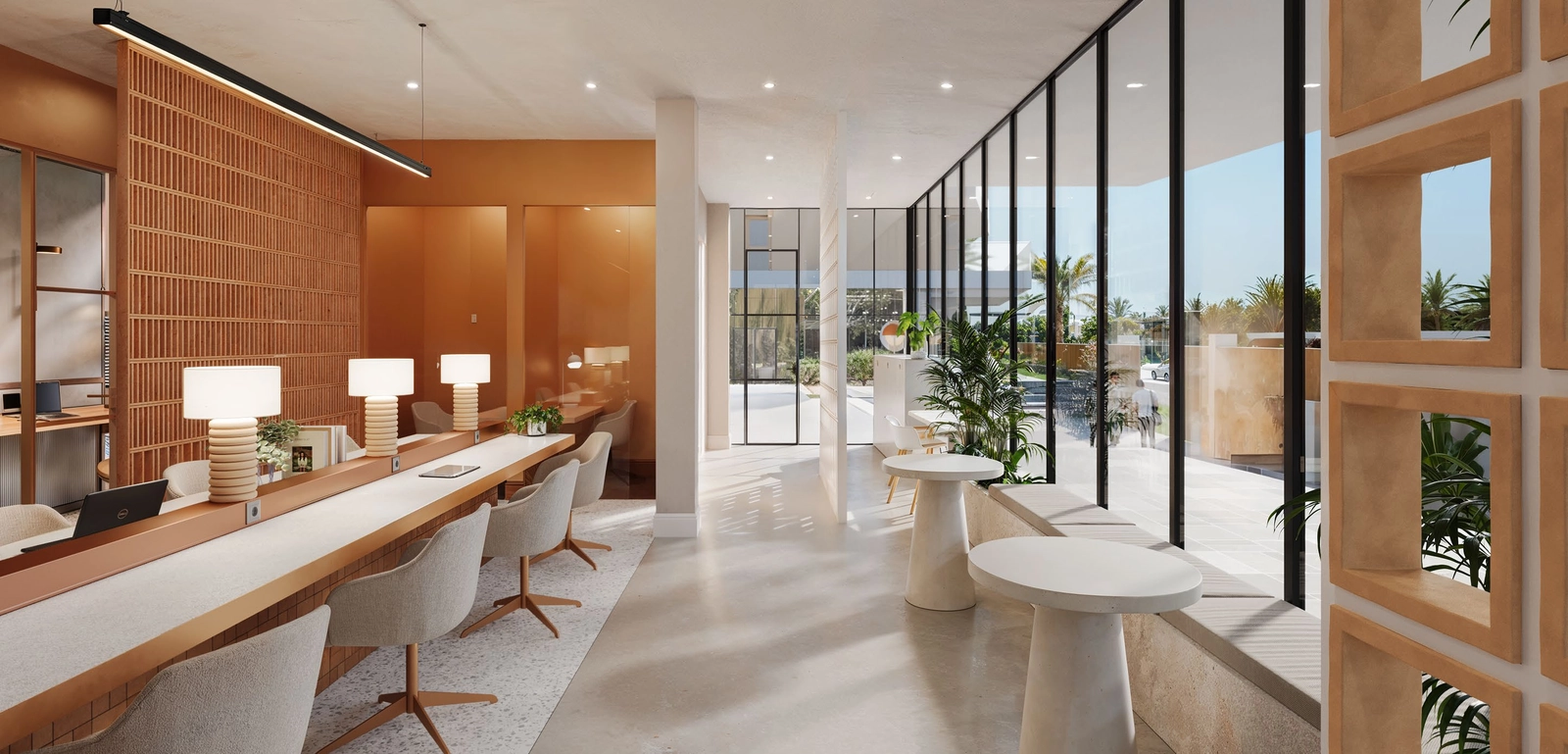 Det moderne coworking-området tilbyr et profesjonelt og inspirerende miljø for arbeid, møter eller stille fokus.