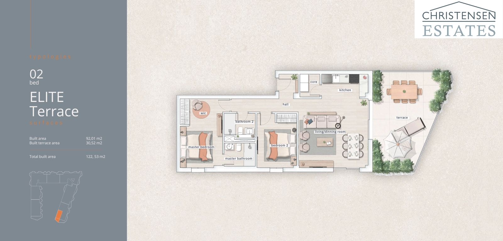 Planløsning med to soverom, 'Elite Terrace', som tilbyr et romslig oppholdsrom som strekker seg ut til en imponerende terrasse for innendørs-utendørs livsstil.