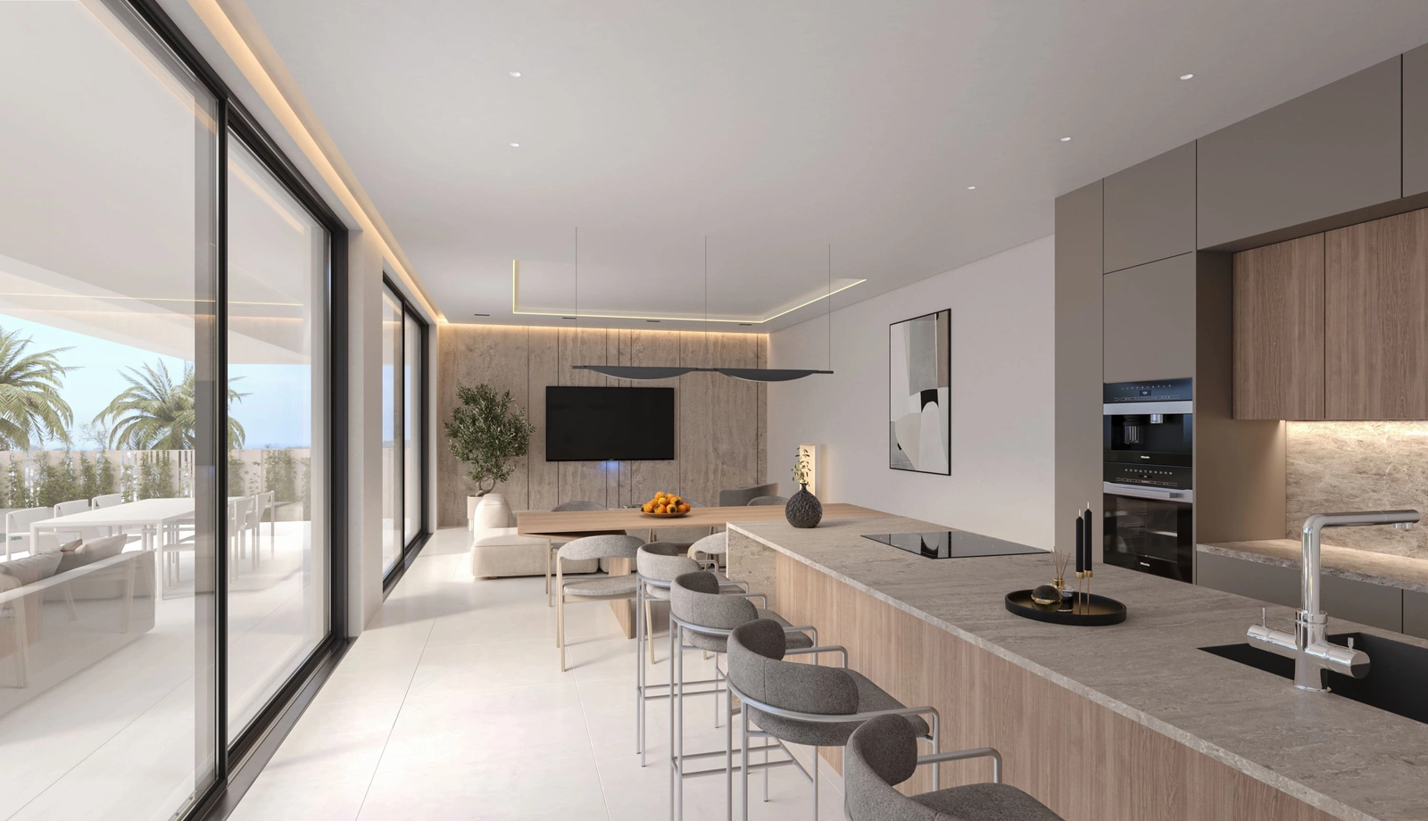 Et moderne, fullt utstyrt kjøkken med en stilfull kjøkkenøy er ideelt for matlaging og underholdning.