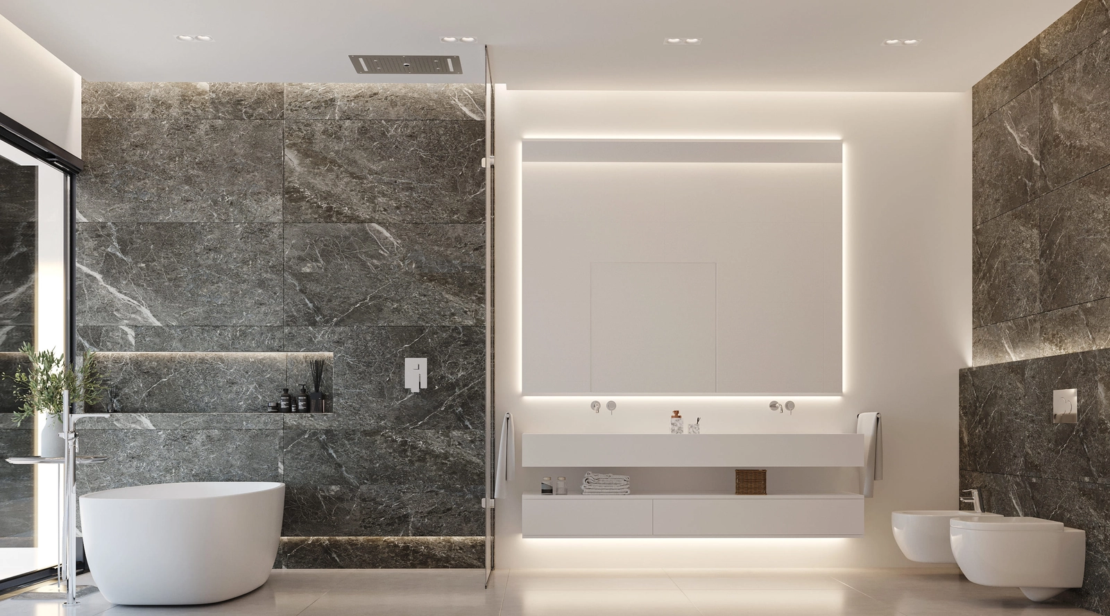 Et luksuriøst bad med frittstående badekar og førsteklasses materialer for ultimat avslapning.