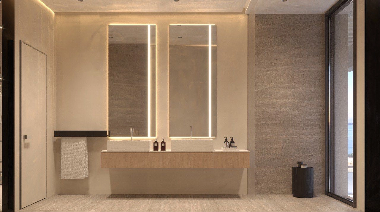 Elegant baddesign med romslig dusjkabinett og sofistikert belysning.