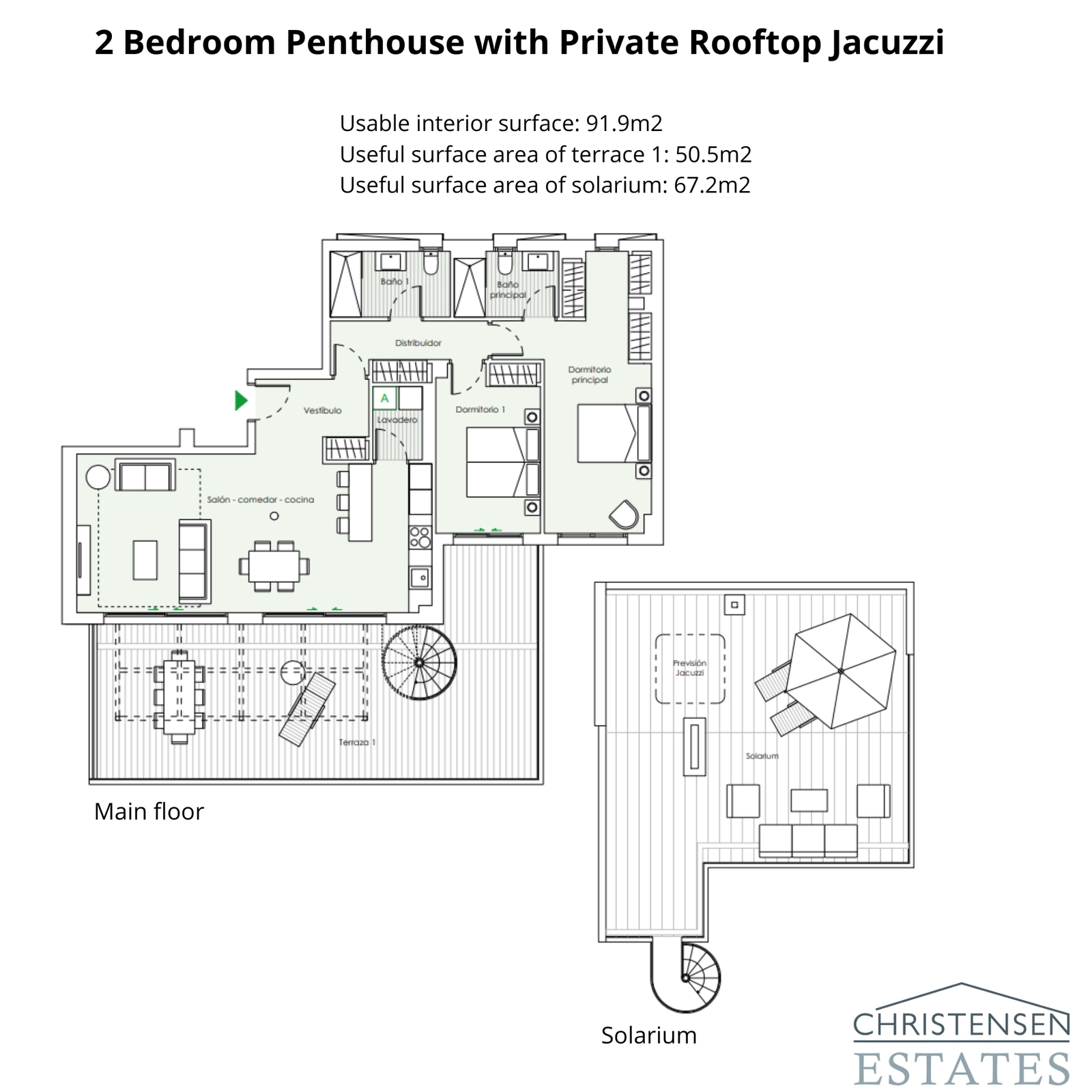 Et fantastisk to-roms penthouse-design med en stor terrasse og en spiraltrapp som fører til et privat taksolarium, perfekt for underholdning.