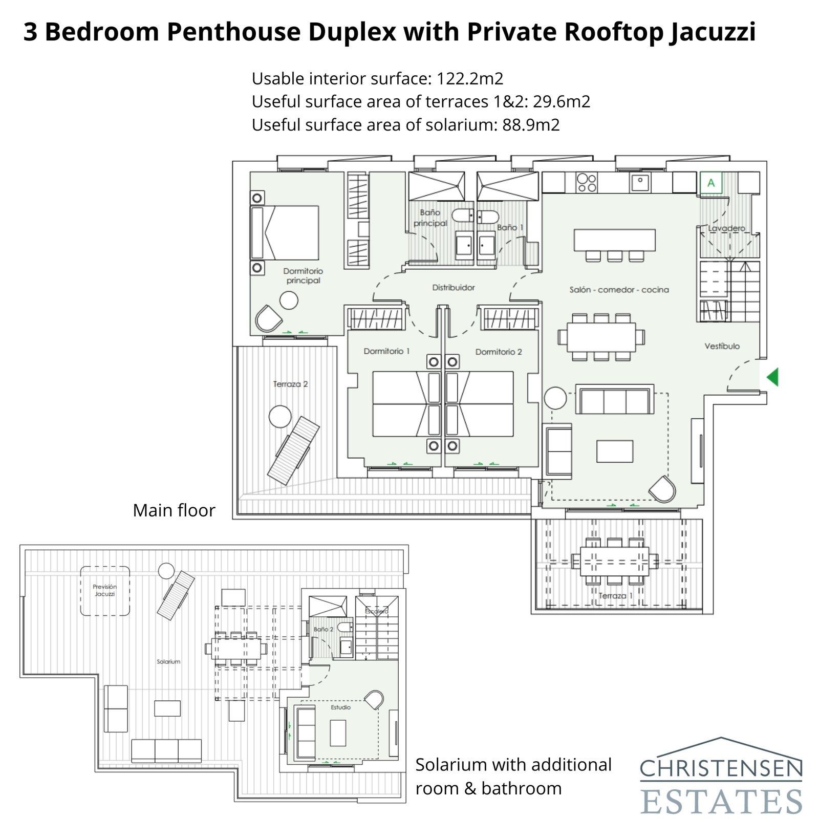 Planløsningen for dette fantastiske tre-roms dupleks-penthouse avslører en romslig hovedetasje og et storslått taksolarium med et ekstra rom og bad.