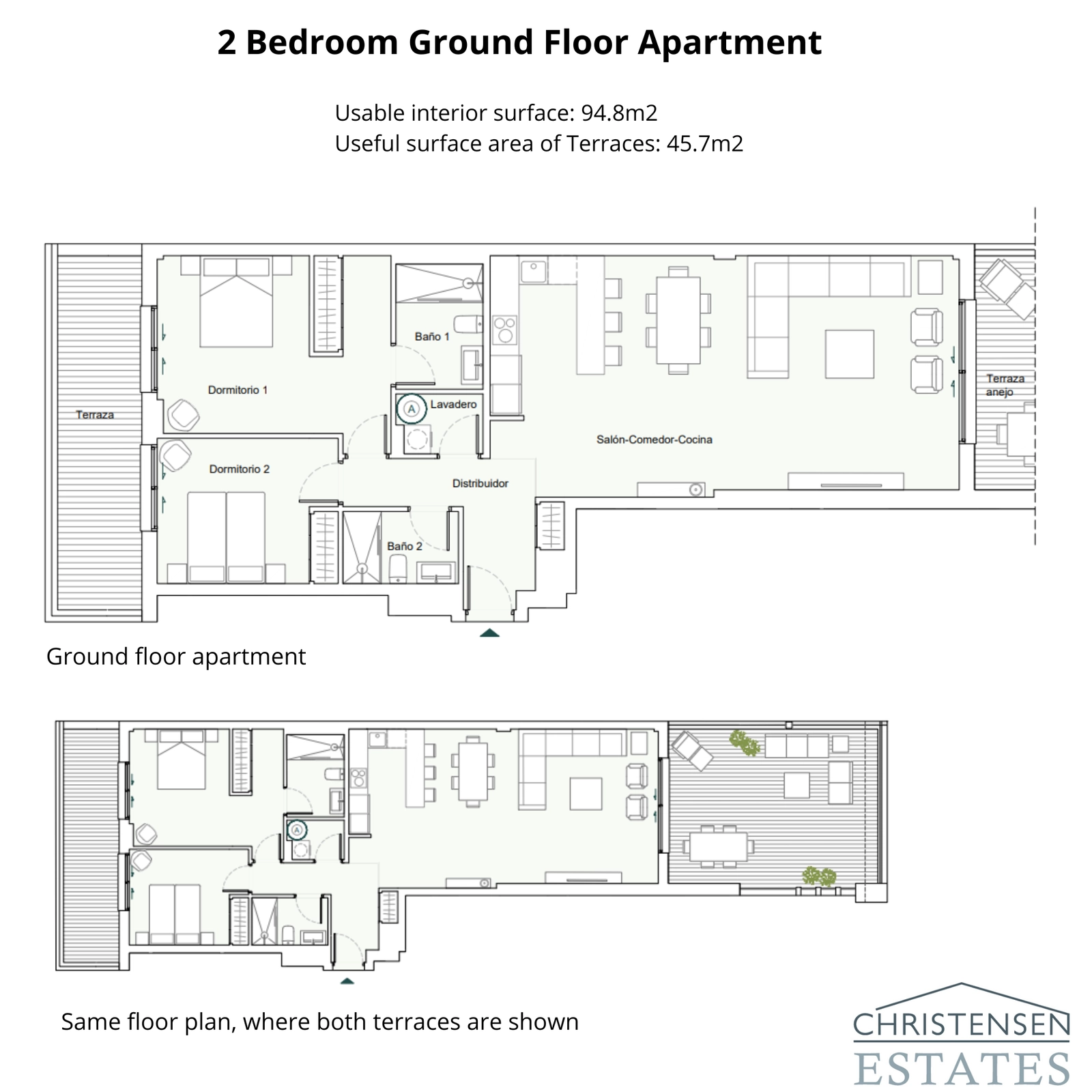 Denne planløsningen for en to-roms leilighet i første etasje viser et smart design med et åpent stueområde som kobles til to separate terrasser, noe som forbedrer innendørs-utendørs livsstilen.