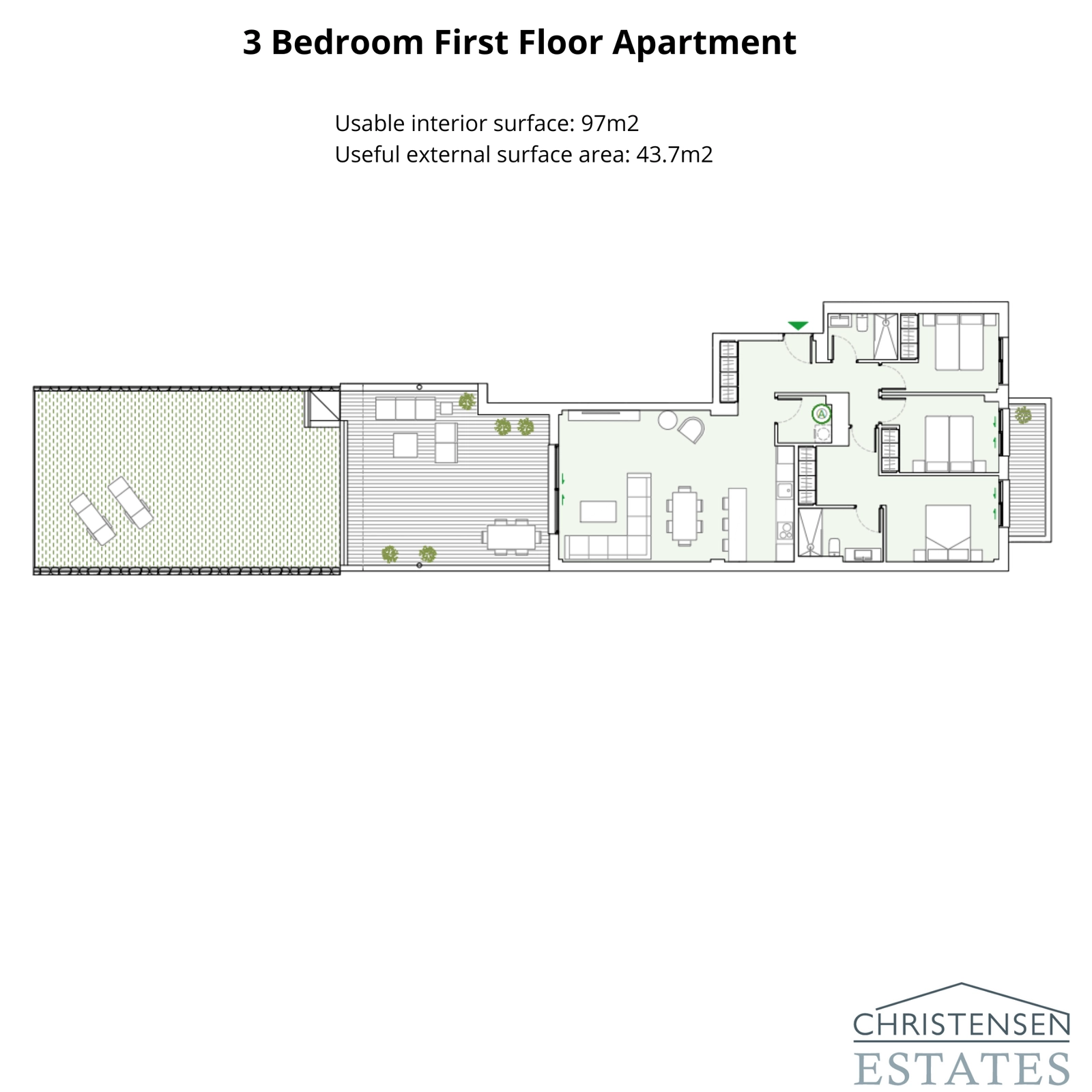En romslig tre-romsplanløsning med en stor terrasse og hage, som tilbyr en sømløs blanding av innendørs og utendørs liv.