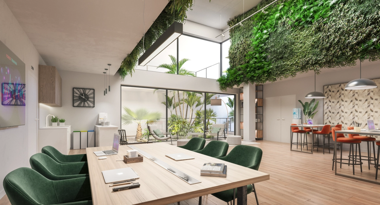 En stilig og komfortabel felles arbeidsplass der beboerne kan arbeide, møtes eller slappe av.