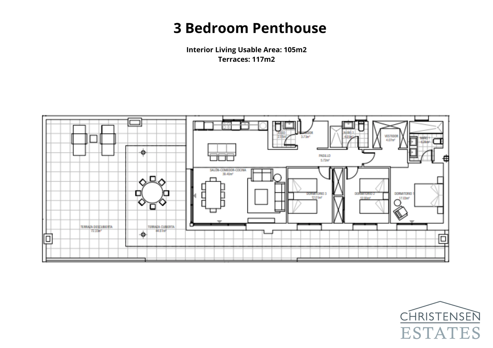 Planløsningen for penthouseleiligheten med tre soverom har romslige oppholdsrom og en imponerende takterrasse, designet for privatliv og for å maksimere den fantastiske panoramautsikten.