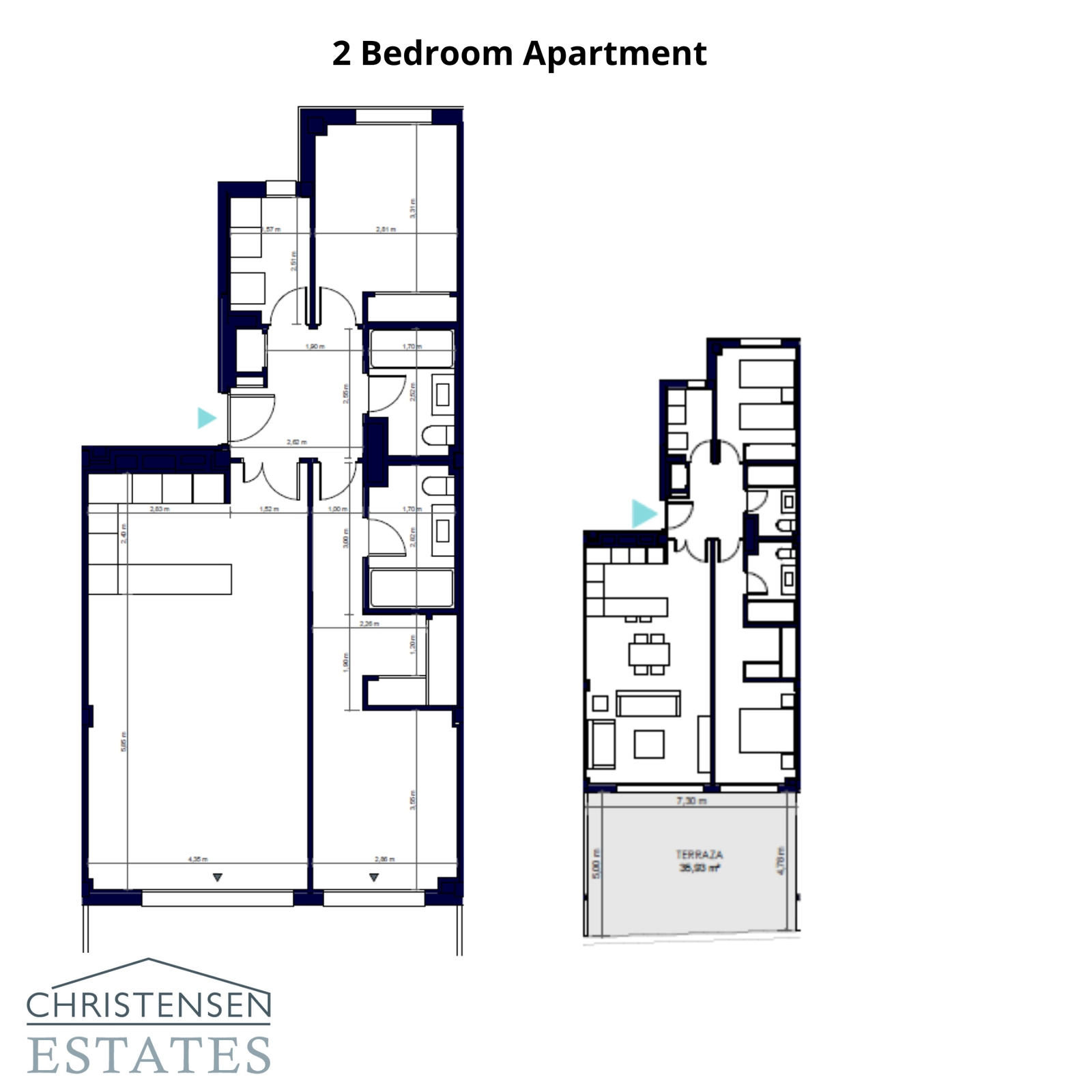 Plantegning for en leilighet med to soverom, som viser et godt fordelt og funksjonelt boareal.