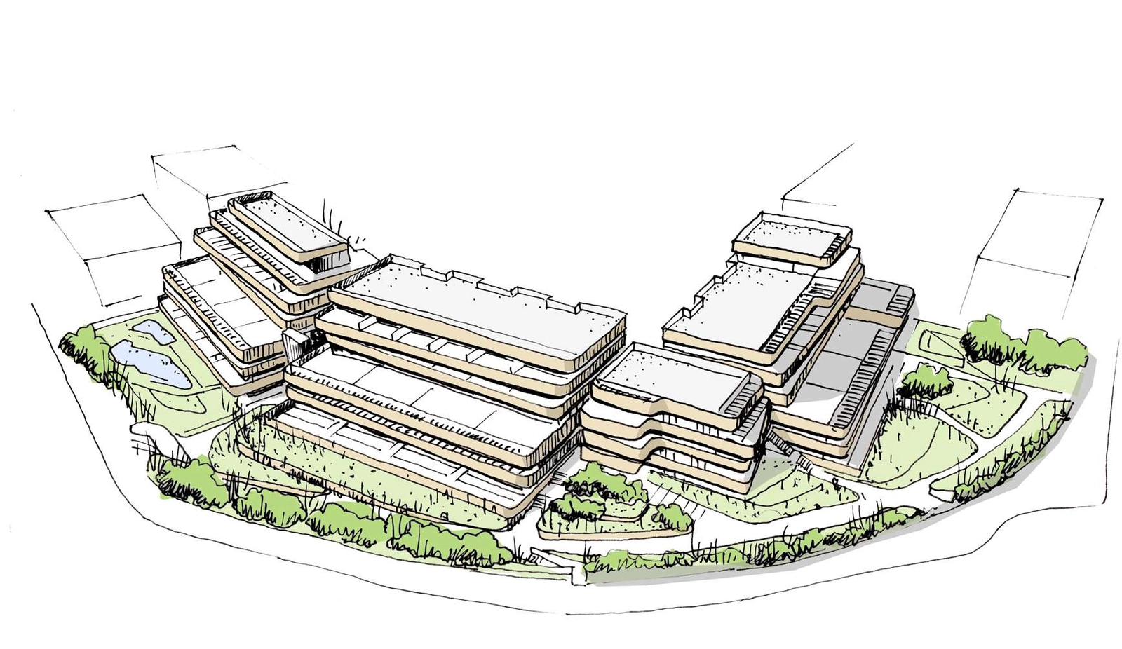 Arkitektonisk skisse som illustrerer utbyggingens elegante design og integrasjon med landskapet.