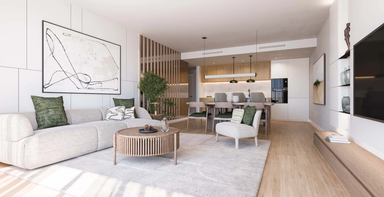 Moderne interiør med materialer av høy kvalitet og en sofistikert, nøytral fargepalett.