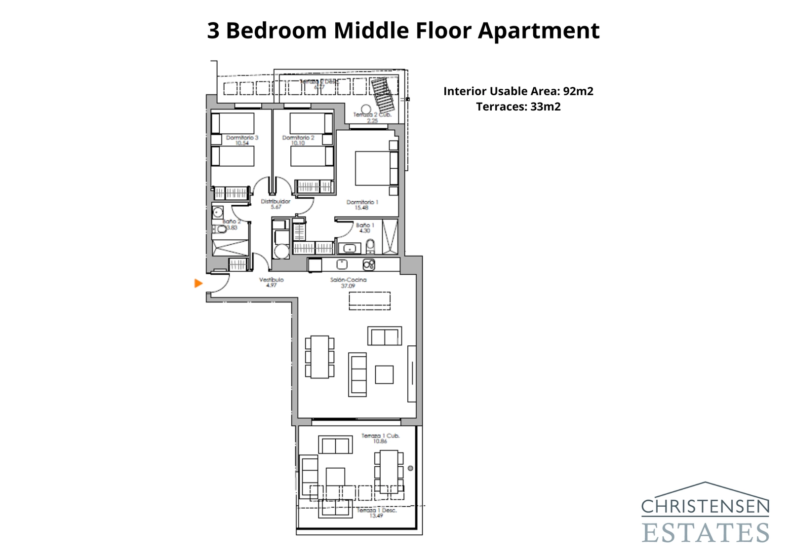 Tre-roms leilighet i mellometasje – Et godt fordelt design som maksimerer plass og naturlig lys, med en stor terrasse for å nyte utsikten.