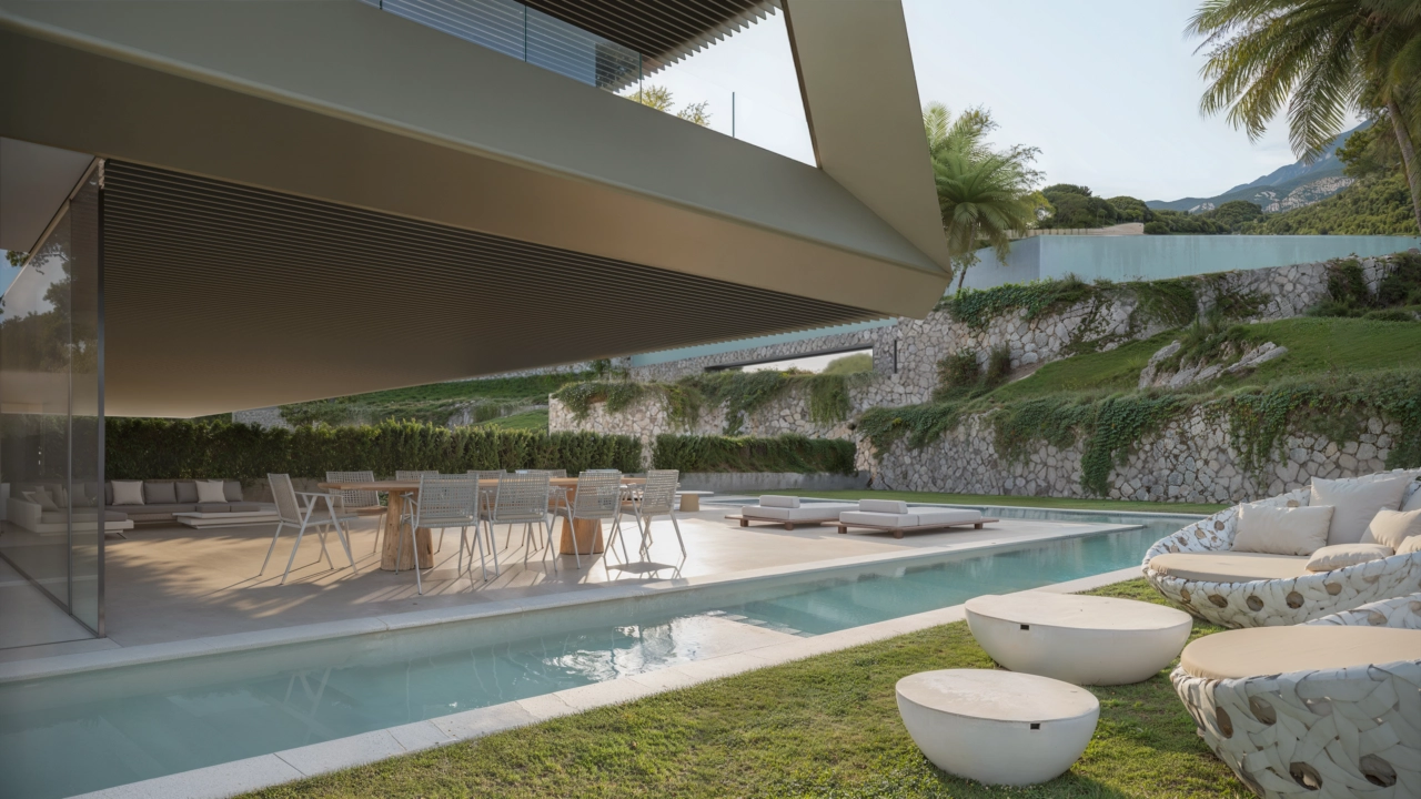 Leilighetene i første etasje åpner ut mot vakre private hager og personlige svømmebassenger, perfekt for familier og utendørsliv.