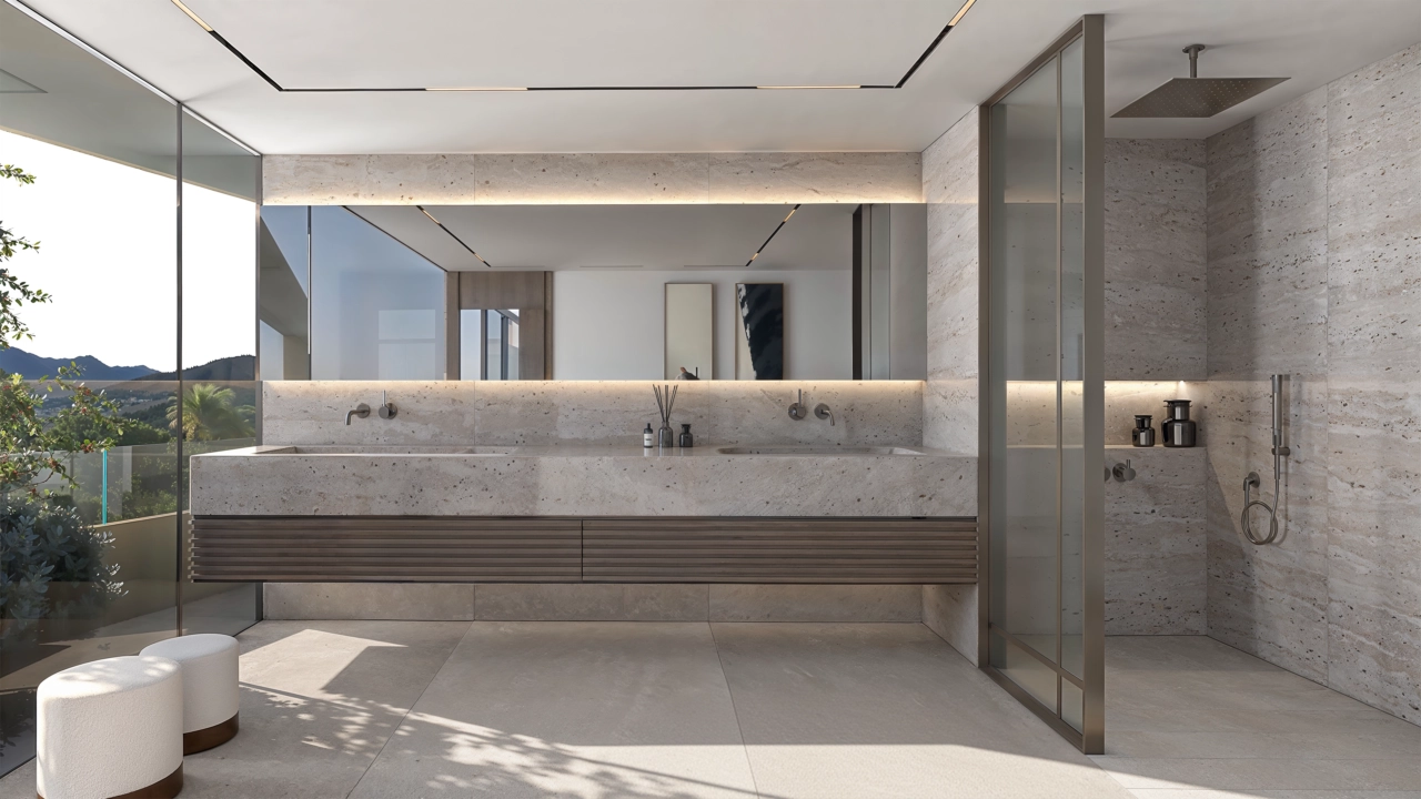 Et vakkert innredet bad med førsteklasses materialer, dobbel servant og en romslig dusjnisje.