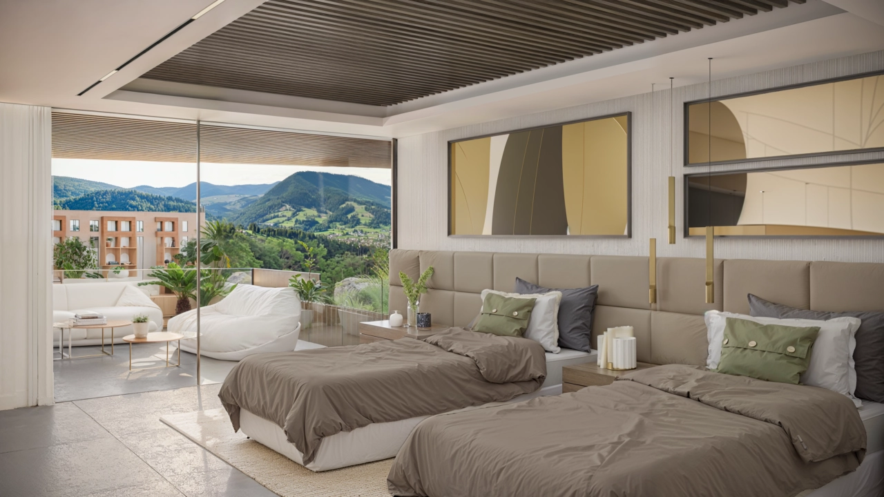 Gjestesoverommene er romslige og har store vinduer som slipper inn det vakre landskapet og naturlig lys.