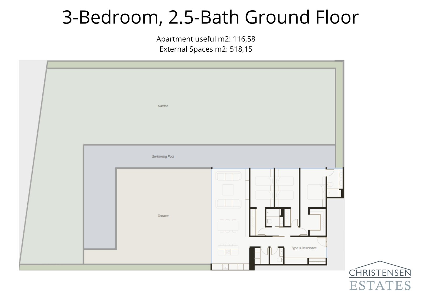 Denne romslige boligen i første etasje med tre soverom kan skilte med en eksepsjonelt stor privat hage og bassengområde, perfekt for optimalt privatliv og underholdning.