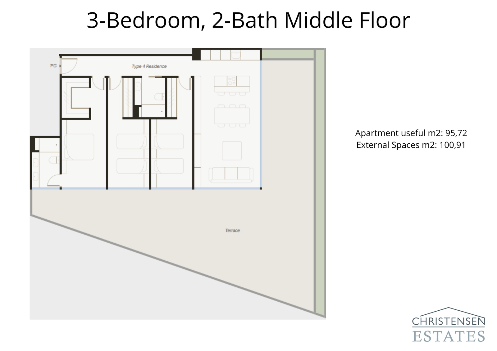 Planløsningen for denne boligen med tre soverom legger vekt på åpen stueløsning med en sjenerøs hjørneterrasse for å maksimere utsikt og utendørskos.