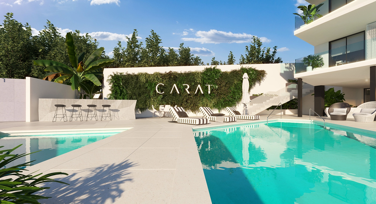 Felles svømmebasseng og loungeområde tilbyr et perfekt tilfluktssted for solfylte ettermiddager.